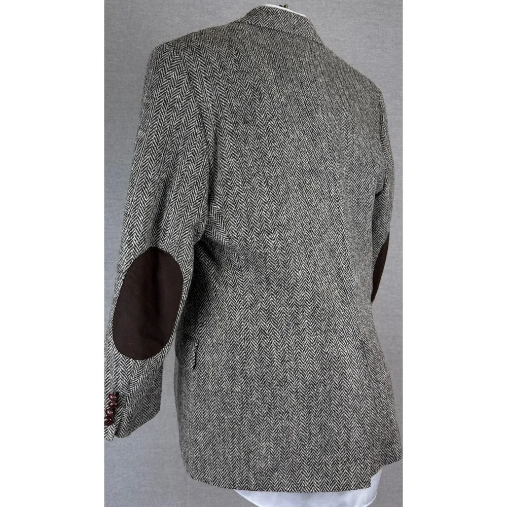 Bespoke Harris Tweed Wool Herringbone Blazer Elbow Patch Mens 42R Grey